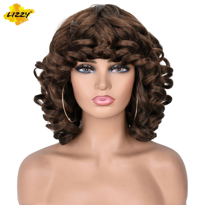 Short Hair Afro Curly Wig With Bangs Loose Synthetic Cosplay Fluffy Shoulder Length Natural Wigs For Black Women Dark Brown 14&quot;