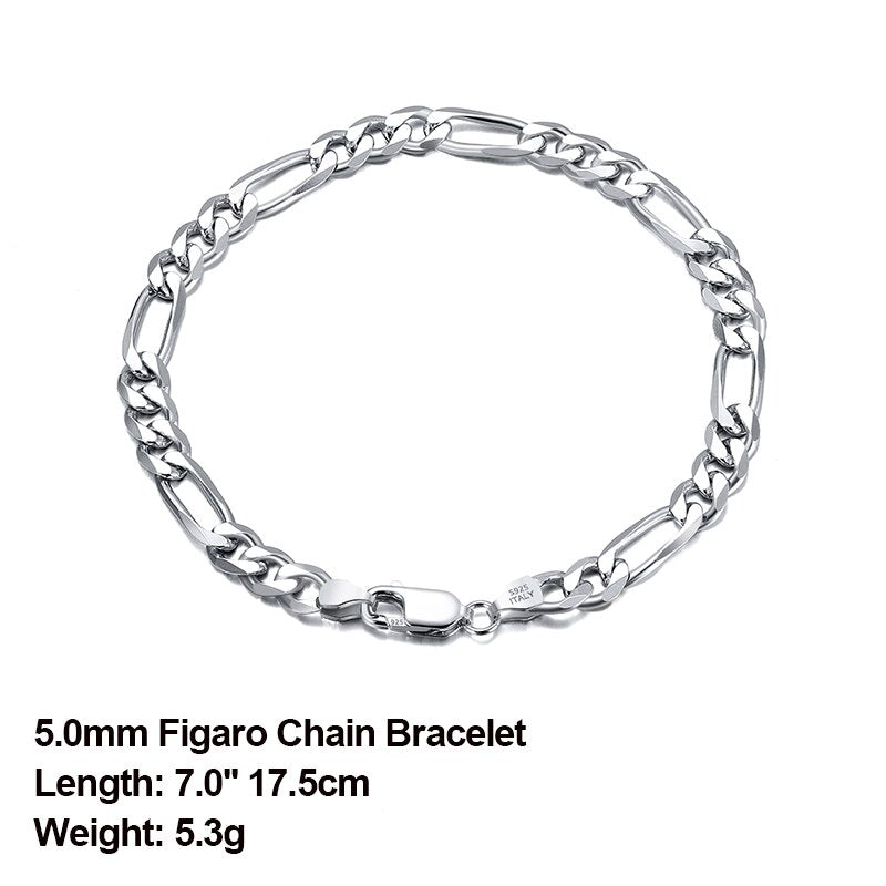 Effie Queen Italy Real 925 Silver Diamond-Cut Figaro Chain Necklace 5mm Wide 40-60cm Long Woman Man Neck Chain Jewelry Gift SC34