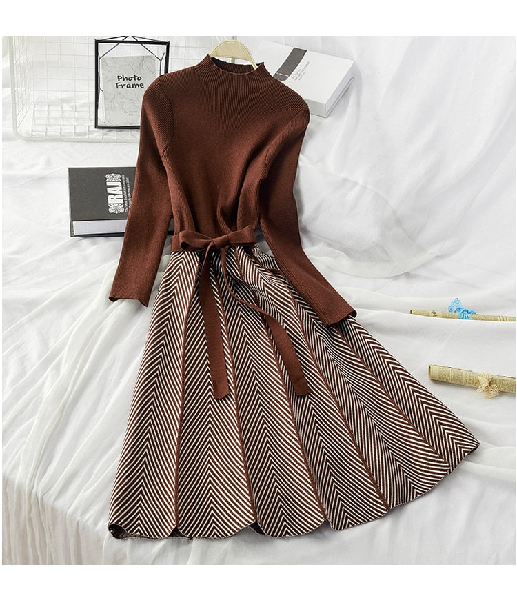 ALPHALMODA High Collar A-line Knit Dress Women's 2019 New Thickened Arrow Striped Women Elegant Sashes Knitted Dress