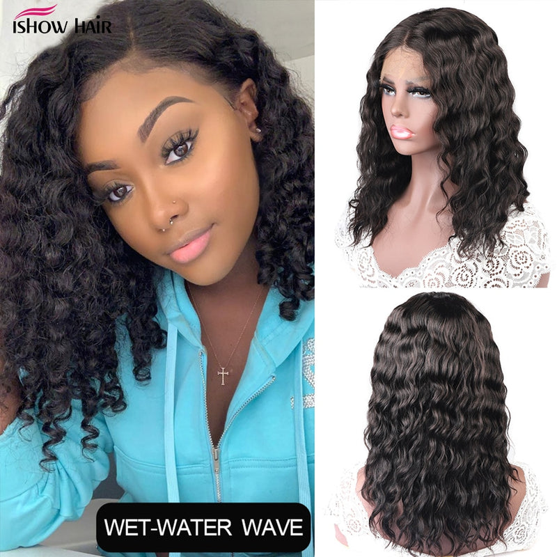 Ishow Wet And Wavy Lace Front Wig Pre-Plucked Human Hair Lace Frontal Wig Brazilian Middle Part Brazilian Water Wave Lace Wig