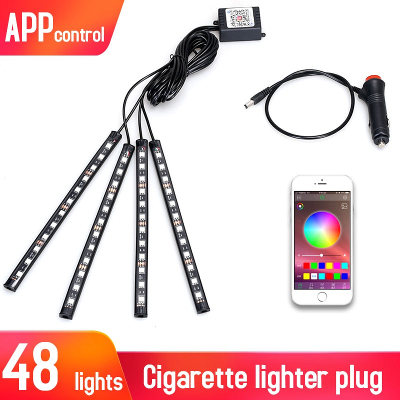 Retroiluminación Led para Interior de coche con encendedor de cigarrillos Usb ambiente ambiente luz ambiental Rgb aplicación remota Auto pie lámpara decorativa