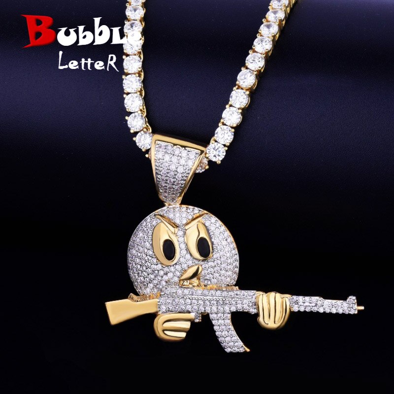 Cartoon Round Face With Gun Necklace &amp; Pendant Gold Color Cubic Zircon Men&