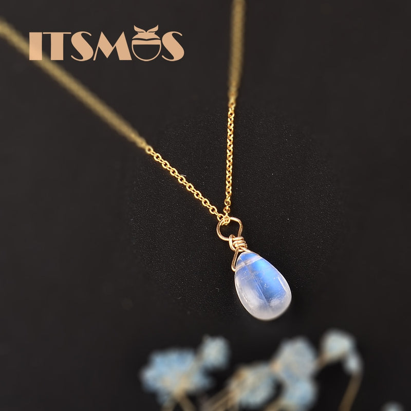 ITSMOS Natural Moonstone US 14k gold jewelry Chain Pendant Necklace Simple Elegant Jewelry for Women Romatic Gift