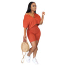 Lässiger Trainingsanzug 2-teiliges Set Crop Top + Hose Kurzarm tiefer V-Ausschnitt Sommerstoff für Frauen Outfits Solide 7 Farbe