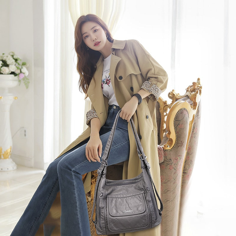 2021 spring new female bag luxury designer multi-function shoulder bag large capacity soft leather handbag double zipper bag sac