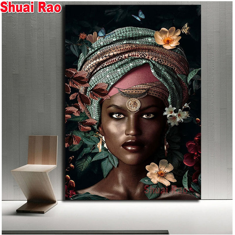 Mujer Africana 5d diy diamante pintura cuadrado completo taladro mosaico imagen de diamantes de imitación bordado flores niña decoración del hogar
