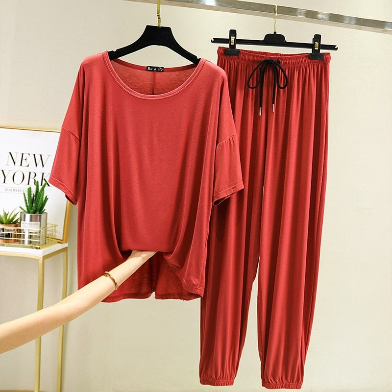 Women pyjamas 2022 Summer Modal Home Suits Female loose Size T-shirt+Drawstring Loose Capri pants 2 pieces set tracksuits