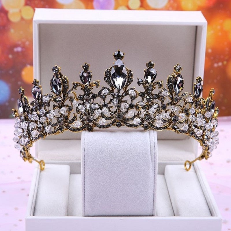 Baroque Black Crystal Big Round Bridal Tiaras Crowns Pageant Prom Diadem Rhinestone Veil Tiara Headband Wedding Hair Accessories