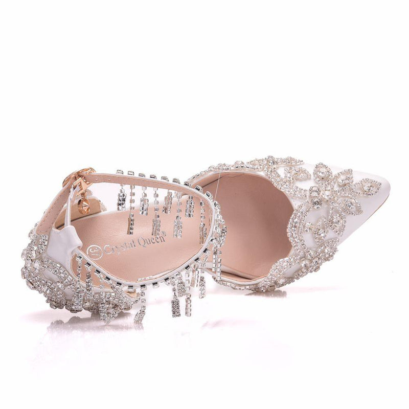 Crystal Queen, pulsera con borlas blancas para mujer, zapatos de boda, sandalias de tacón alto para novia, zapatos de tacón para mujer