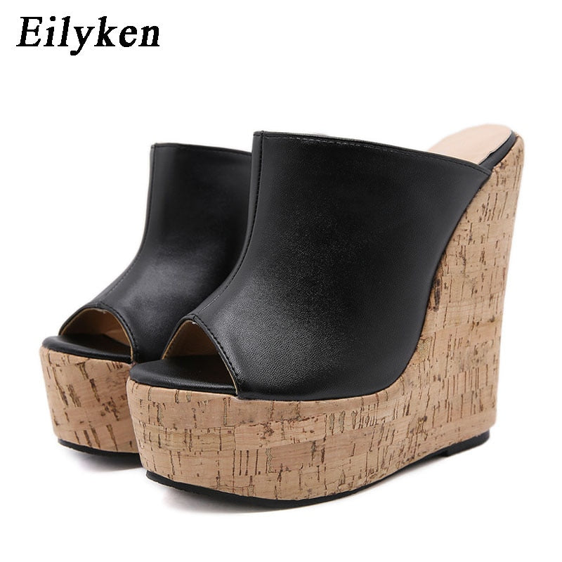 Eilyken Summer Outdoor Fashion Peep Toe Platform Slippers High Quality PU Leather Sandals Women Wedges Heels Ladies Shoes