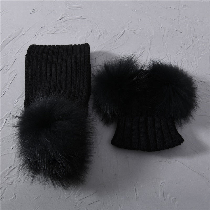 Winter Real Fur Scarf and Hat Set Kids Big Real Raccoon Fur Balls Hat Double Fur Pom Pom Beanies Children Girls Warm  Scarf Cap