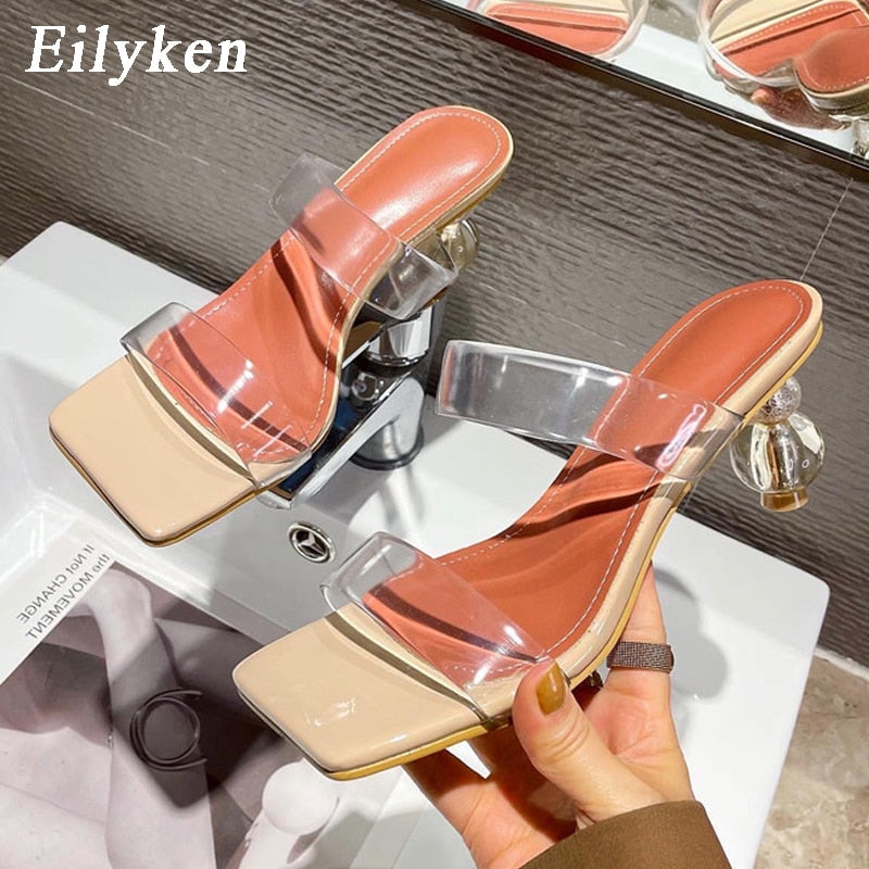 Eilyken 2023 New Summer Square Toe Ladies Slippers PVC Transparent Crystal Strange Style Clear Heel Women Leopard Grain Slides