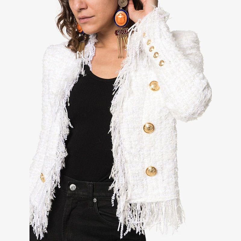Weiß Tweed Jacke passt Frauen neue Herbst Winter Wollstoff Fransen Quaste Langarm Büro Damen Damen Jacken Mantel 2020