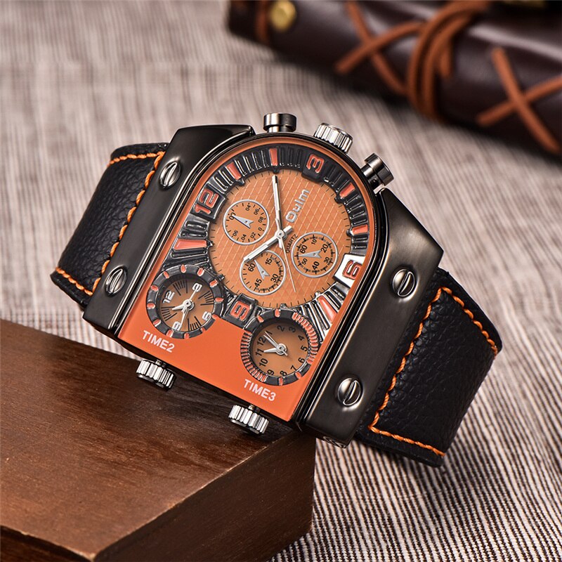 Relojes Oulm de zona horaria múltiple, diseño único, 3 horas diferentes, reloj deportivo para exteriores, reloj de pulsera informal de cuero PU para hombre