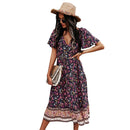 Deep V-Neck Summer Dress 2021 Beach Boho Floral Print Vintage Button Dresses Women Casual Loose A-Line Midi Long Elegant Robe