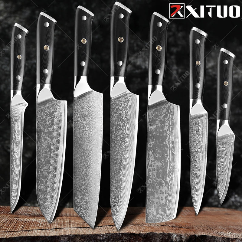 XITUO Damasco Chef cuchillo 1-8 piezas profesional Japón Sankotu Cleaver hueso cuchillos utilidad Kiritsuke pelado cuchillo de cocina