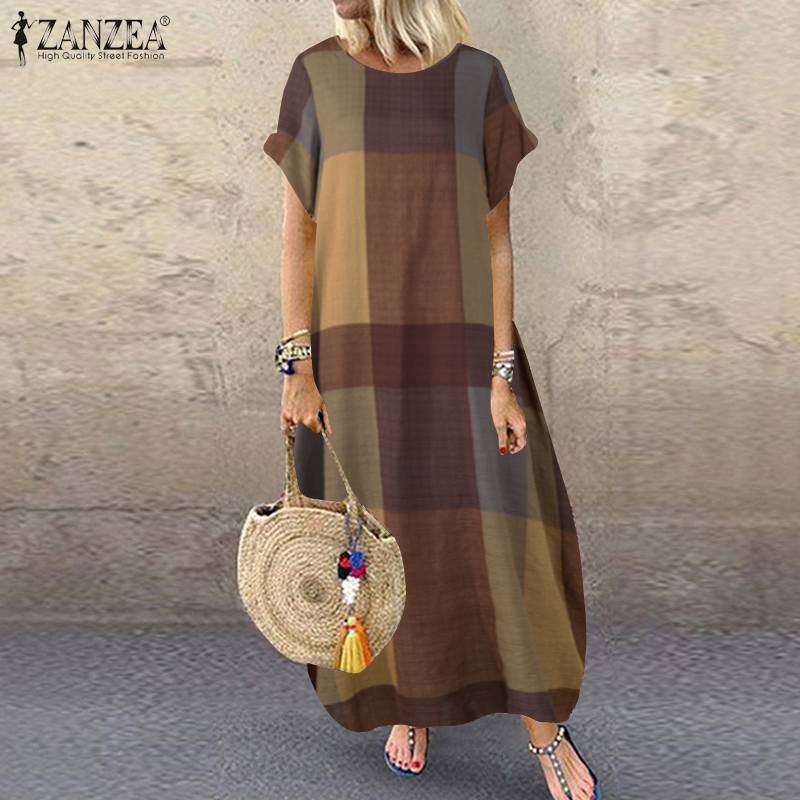 ZANZEA, Vestido largo bohemio con estampado de lunares, Vestido veraniego para mujer 2022, Vestido informal de manga corta a cuadros, Vestido de fiesta