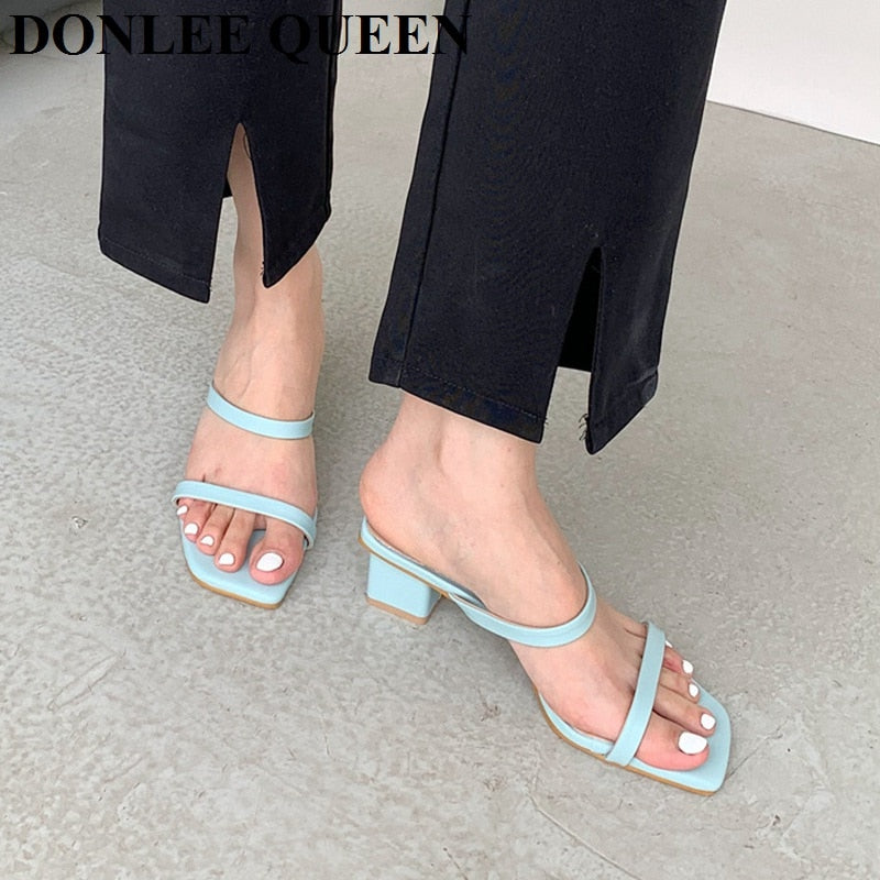 2022 New Summer Slippers Low Heels Slides Female Peep Toe Square Heel Slipper Brand Sandals Women Slipper Big Size 41 Flip Flops