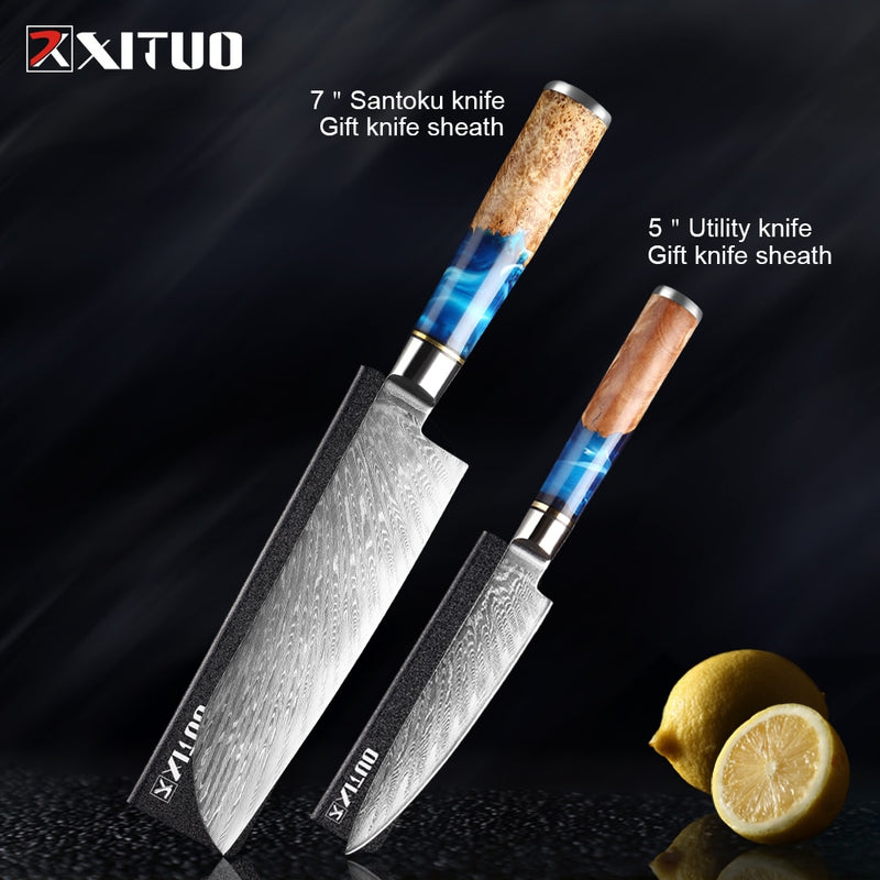 Juego de cuchillos de cocina XITUO, cuchillo de Chef de acero de Damasco, cuchillo de carnicero para pelar, cuchillo de pan, herramienta de cocina, mango de resina azul, 1-6 unids/set