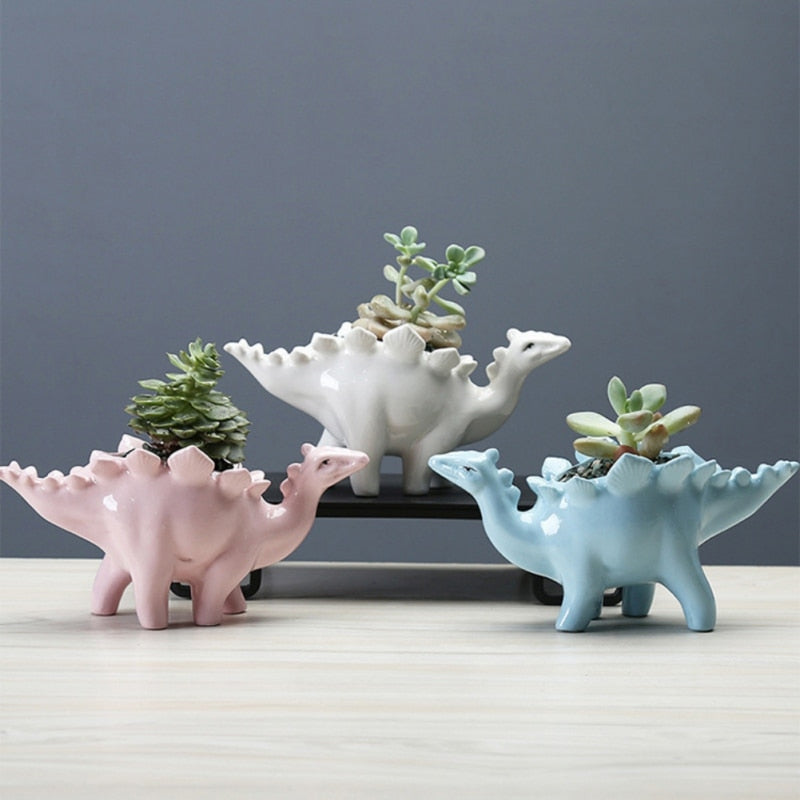 Creative Ceramic Stegosaurus Flower Pot Succulent Garden Desktop Decoration With Tray Creative Dinosaur Flower Planter Pot