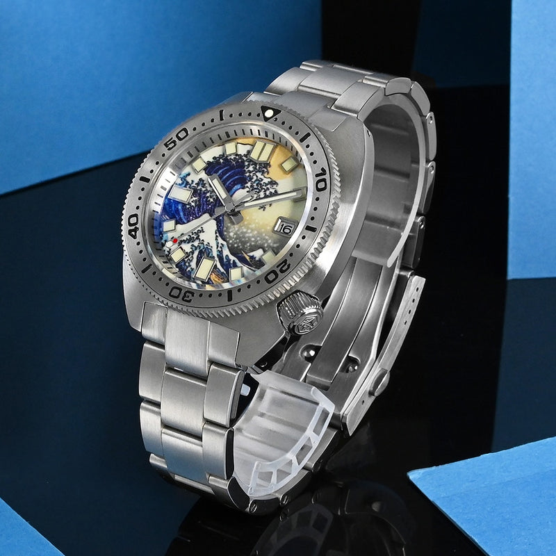 San Martin Diver 6105 Wave 3D Impresión Completa Luminoso Kanagawa Surfing Dial NH35 Mecánico Automático Hombres Reloj Zafiro Fecha