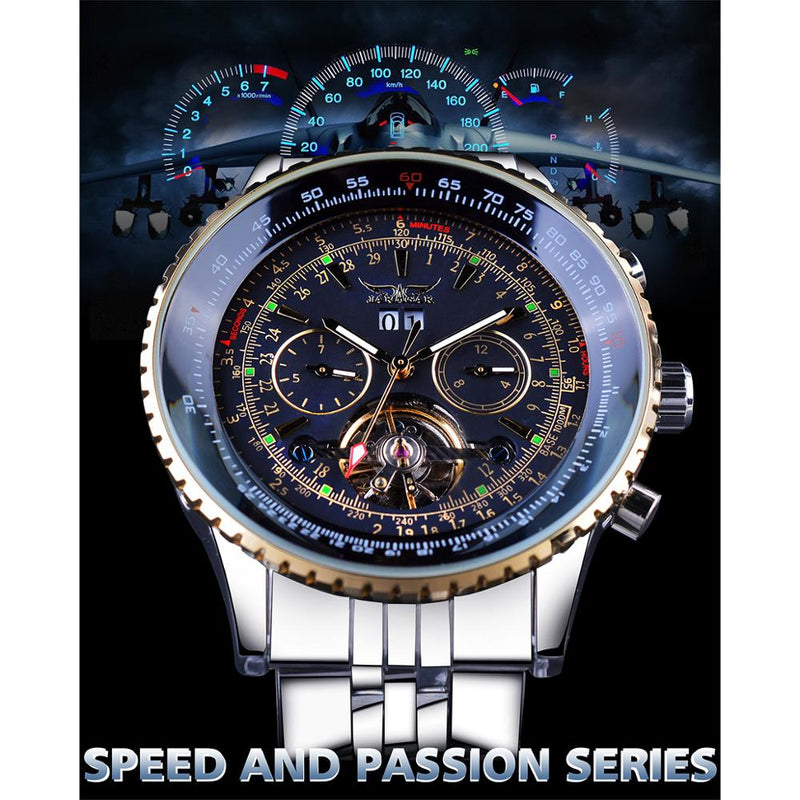 Jaragar 2017 Flying Series Golden Bezel Scale Dial Design Reloj de acero inoxidable para hombre Marca de lujo Reloj mecánico automático