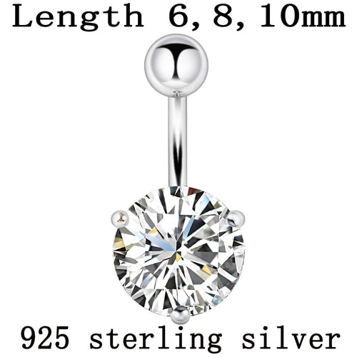 Belly button ring real 925 sterling silver prong 10mm zircon clear stone body jewelry free shipping navel ring piercing jewelry