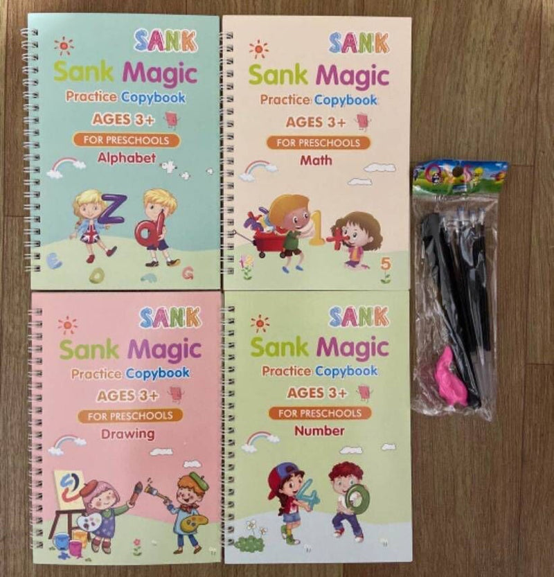 4 libros/juegos de libros mágicos para niños, cuadernos de caligrafía 3D reutilizables, cuadernos de práctica mágica con letras de números en inglés