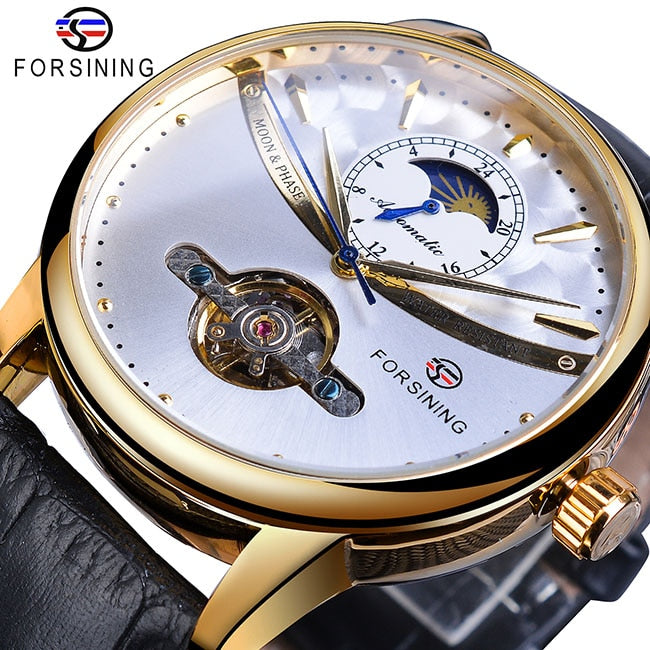 Reloj automático de fase lunar Forsining, reloj de pulsera mecánico resistente al agua dorado para hombres reales, reloj Tourbillon informal de cuero genuino