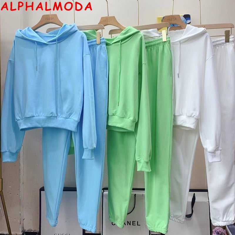 ALPHALMODA 2021 Spring New Arrived Women Solid Hooded Sweatshirt Jogger Pants 2pcs Suit Loose Casual Top Pants 2pcs Set