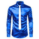 2pcs Silver Silk Shirt+Tie Mens Satin Smooth Tuxedo Shirts Casual Button Down Men Dress Shirts Wedding Party Prom Chemise Homme