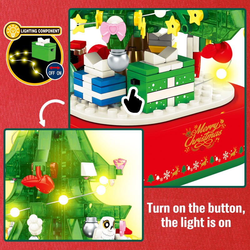 Christmas Theme Rotating LED Shining Music Box Building Blocks DIY City Friends Tree House Bricks Toys For Children Xmas Gifts