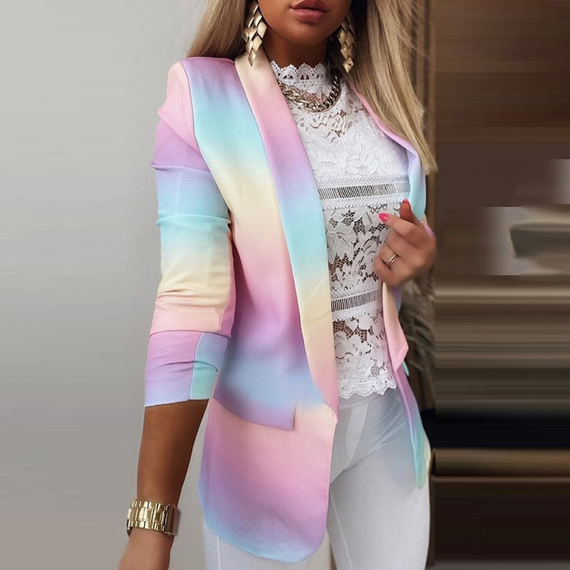 2021 nueva mujer elegante Blazer ropa de trabajo señora ColorBlock Casual abrigo Tops