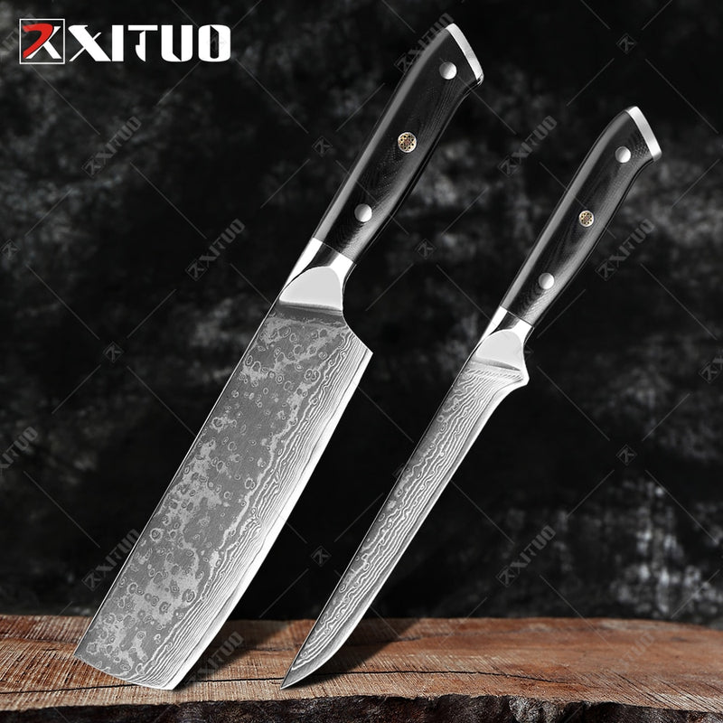 XITUO Damasco Chef cuchillo 1-8 piezas profesional Japón Sankotu Cleaver hueso cuchillos utilidad Kiritsuke pelado cuchillo de cocina