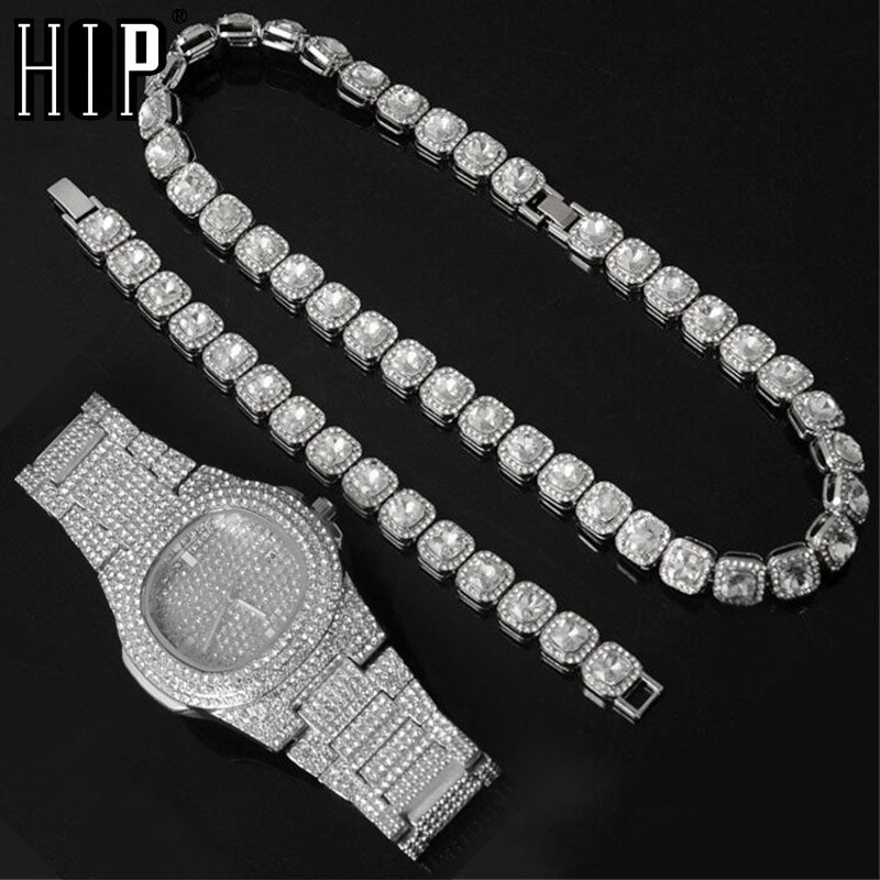 HIP 12MM Prong Tennis Necklace +Baguette Watch+Bracelet Hip Hop Chain Iced Out Bling Paved Rhinestones CZ Bling For Men Jewelry