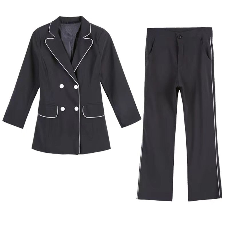 Sommer-Frühlings-Kleidung der neuen koreanischen Mode-eleganten Frauen Zweireiher-Jacken-dünne Blazer-gerade Bleistift-Hosen zweiteiliges Set