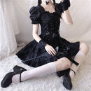 Victorian Renaissance Black Gothic Lolita Dress Japanese Girl Vintage Punk Style Puff Sleeve Bandage Mini Dress Women Dresses