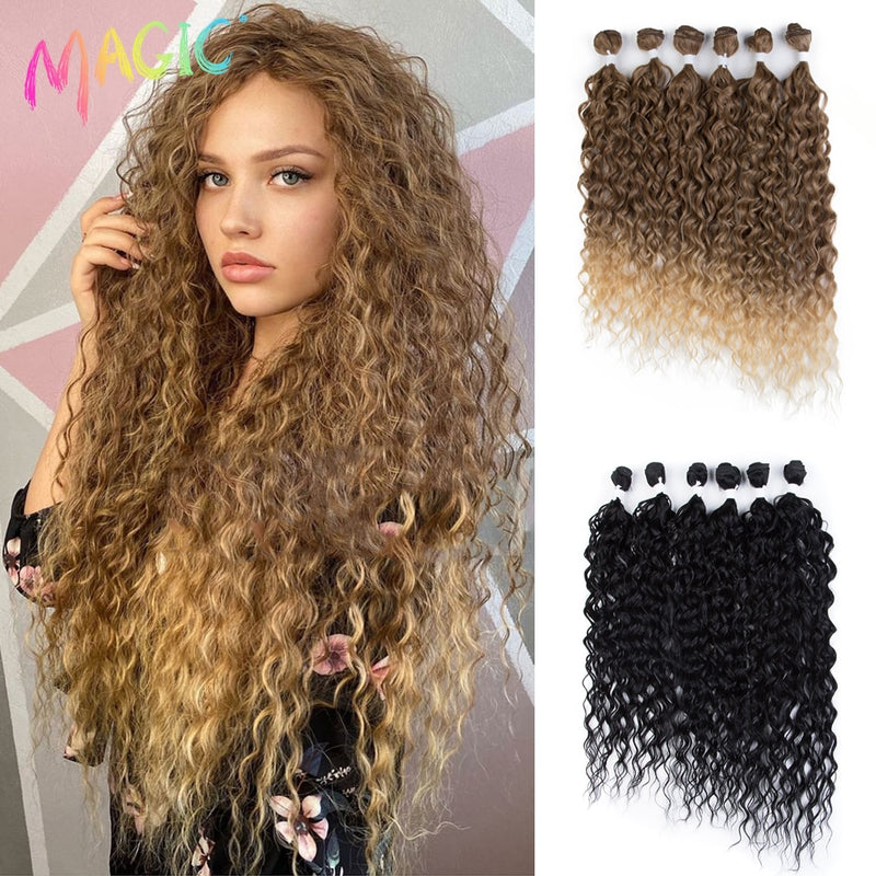 Magic Synthetic  6PCS 24 26 28inches Kinky Curly Hair Bundles Ombre Blonde Color Fake Hair Extensions Curly Hair Accessories