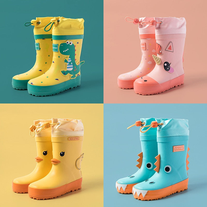 Botas de lluvia para niños con unicornio, zapatos impermeables para niño y niña, nuevas botas de goma con estampado de dibujos animados para niños con cubierta impermeable para pantorrilla