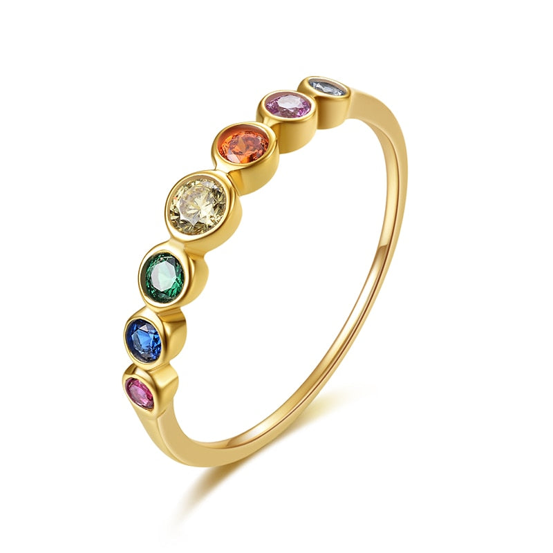 E Real Sterling Silver 925 Rainbow Ring Anillos de circonia cúbica de color para mujer Anillos de boda de eternidad chapados en oro de 14K Joyería