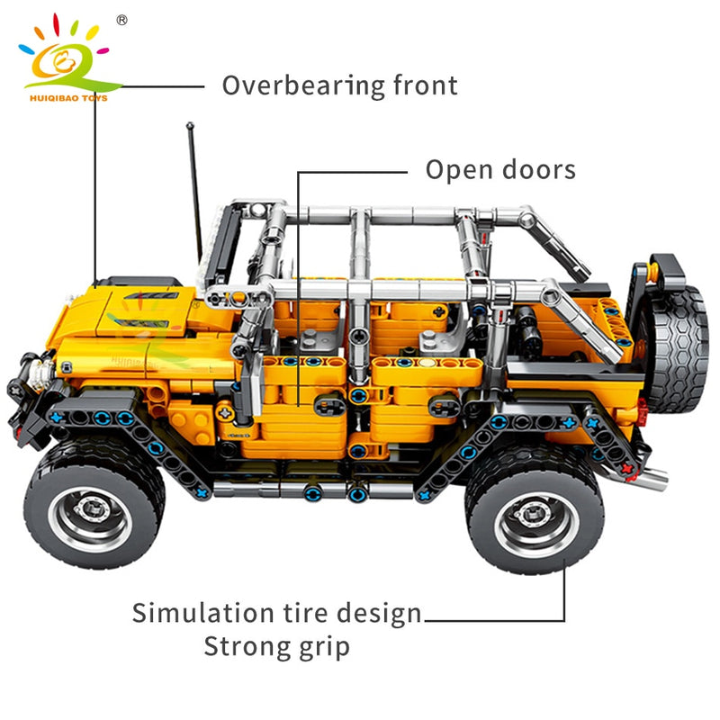HUIQIBAO 601pcs Off-Road Vehicle Building Block Pull Back Car Bricks Tech MOC Creative Mechanical City Children Toy For Boy