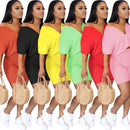 Lässiger Trainingsanzug 2-teiliges Set Crop Top + Hose Kurzarm tiefer V-Ausschnitt Sommerstoff für Frauen Outfits Solide 7 Farbe