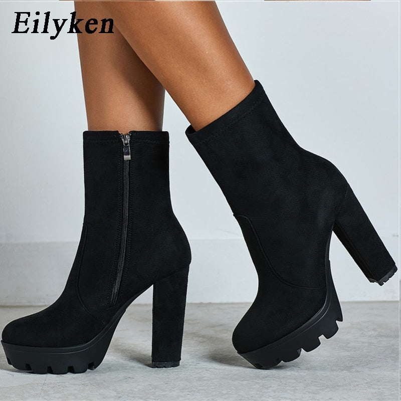 Eilyken 2022 New Fashion Autumn Winter High heels Ankle Boots Women Thick Heel Platform Boots Ladies Worker Boots size 41 42