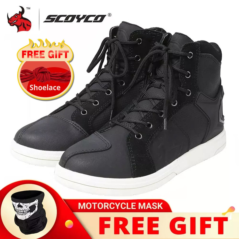 SCOYCO Motorcycle Boots Men Casual Shoes Microfiber Leather Moto Motocross Riding Boots 4 Seasons Motorbike Shoes Riding Shoes