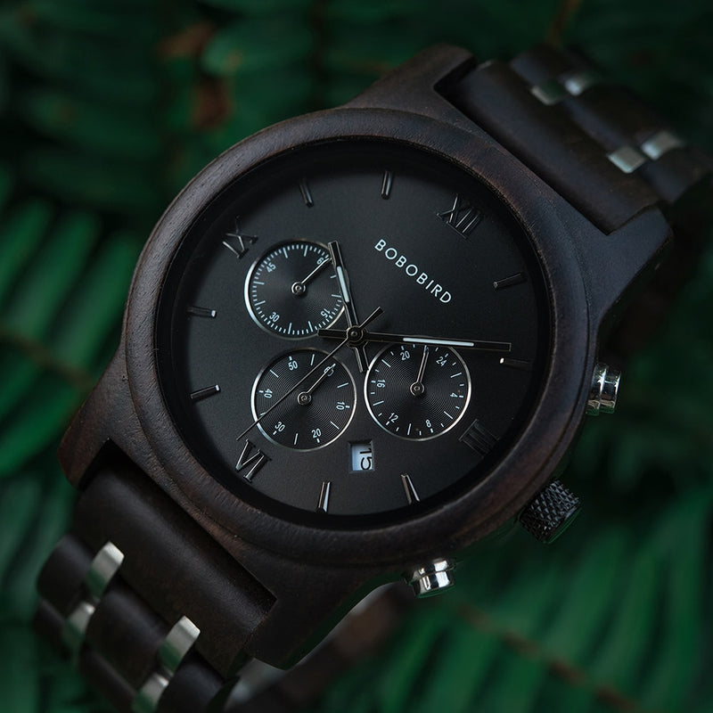 BOBO BIRD Wood Watches Men Fashion Business Quartz Watch Wood Stainless Steel Band Chronograph Great Gift Box relogio masculino