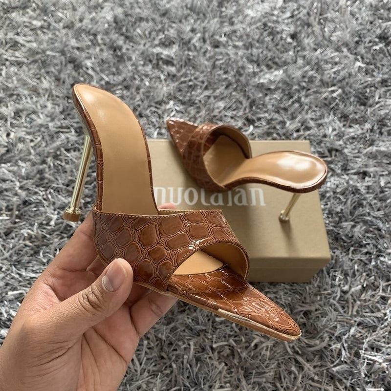 Summer women sandals snake print Strappy Mules high heels Slippers Sandals flip flops Pointed toe Slides Party shoes Woman