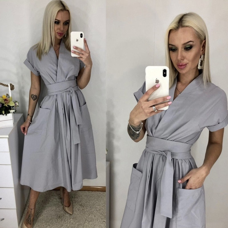 Office Lady Women Casual Sashes A-Line Dress Ladies Short Sleeve V-Neck Summer Dress 2022 Fashion Midi Party Dress Vestidos