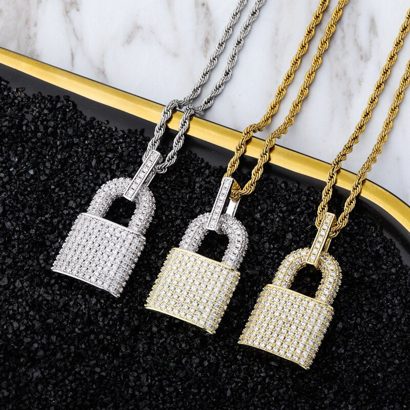 TOPGRILLZ Hip Hop Bling Lock Pendant Iced Out Bling Cubic Zircon Necklace For Men Jewelry Charm
