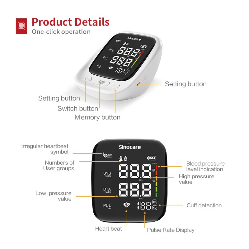 Brazalete ajustable Modo de 2 usuarios Sinocare esfigmomanómetro Brazo Monitor de presión arterial Monitor de presión arterial digital profesional