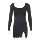 Rockmore Split Lace Sexy Mini Dress Women Transparent Long Sleeve Bodycon Square Collar Above Knee Dresses Party Dress Vedtidos